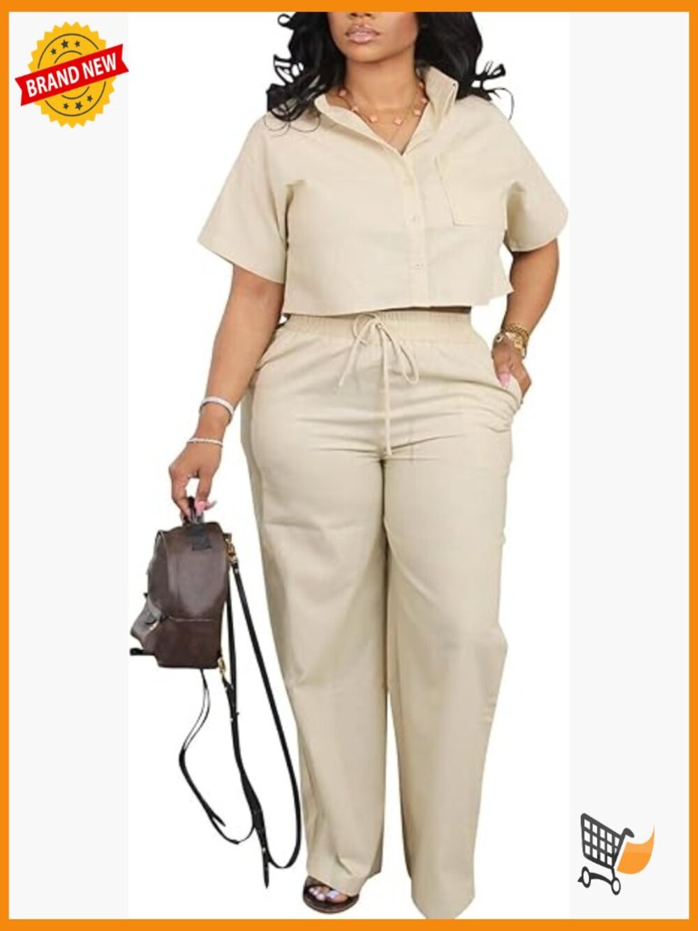 Linen 2 Piece Outfits Short Sleeve Crop Top Button Down Shirt Wide Leg Pants Set